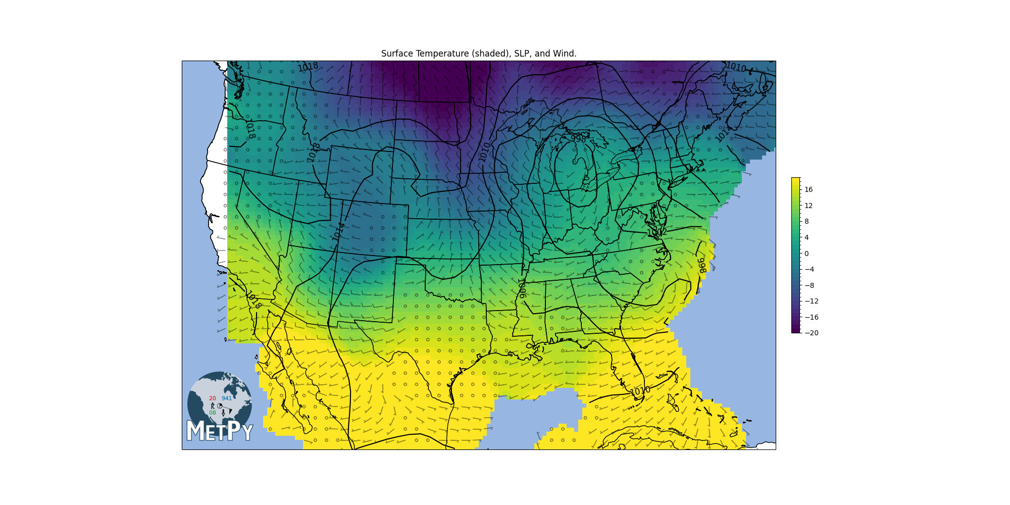 Surface Temperature (shaded), SLP, and Wind.