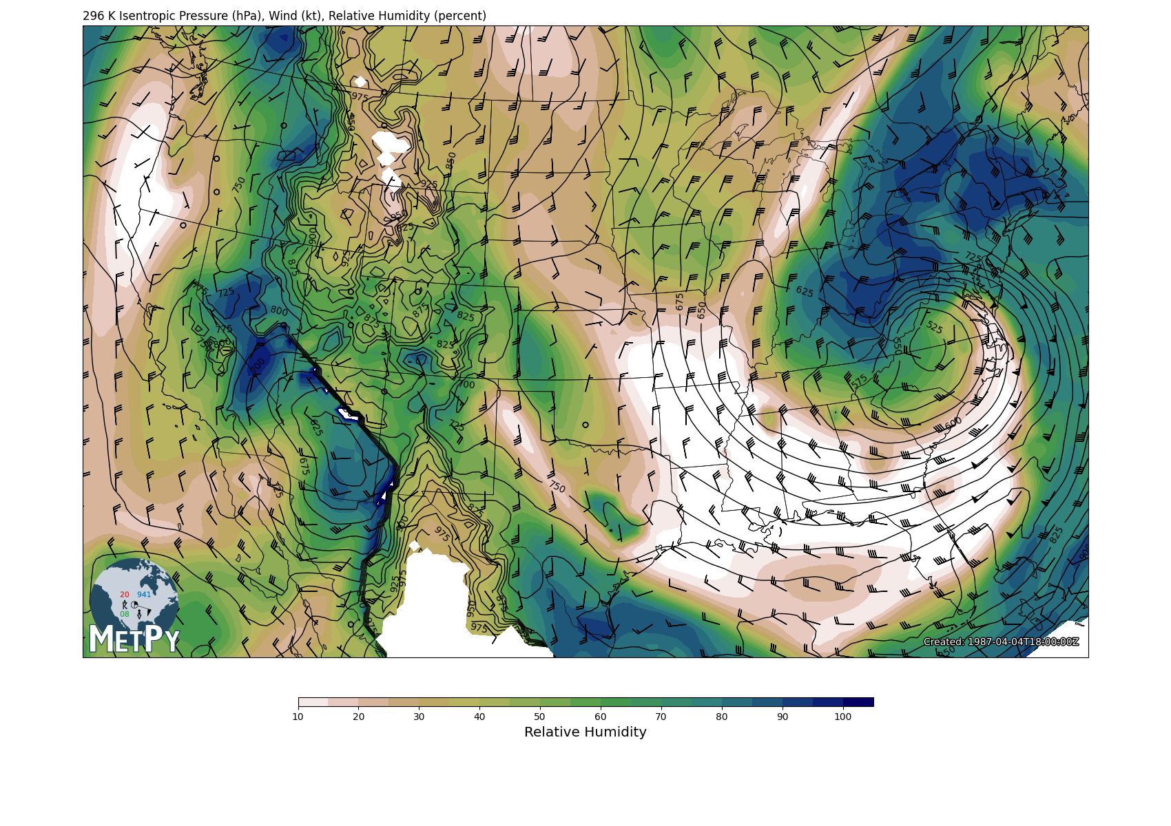 296 K Isentropic Pressure (hPa), Wind (kt), Relative Humidity (percent)