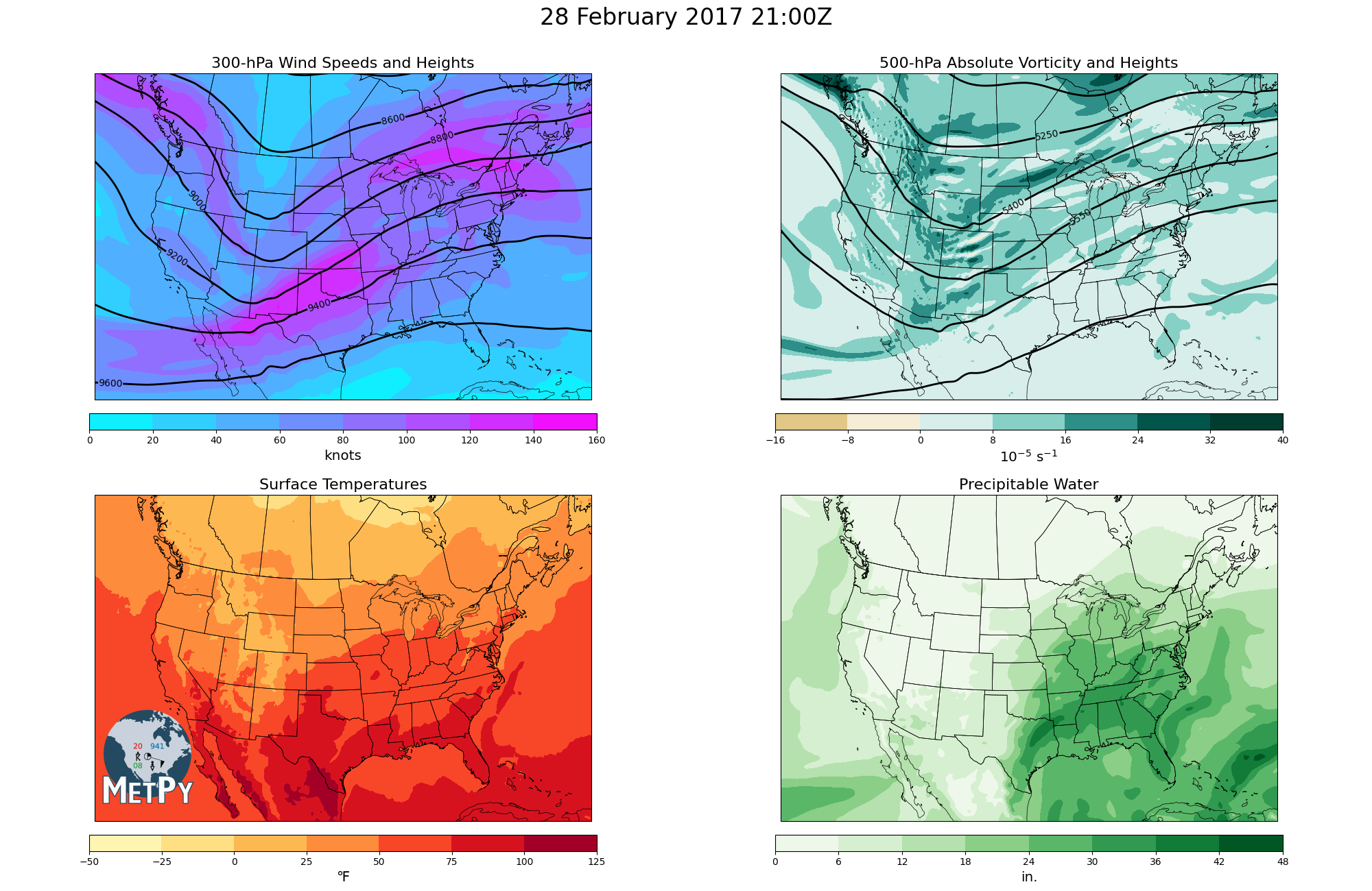 28 February 2017 21:00Z, 300-hPa Wind Speeds and Heights, 500-hPa Absolute Vorticity and Heights, Surface Temperatures, Precipitable Water