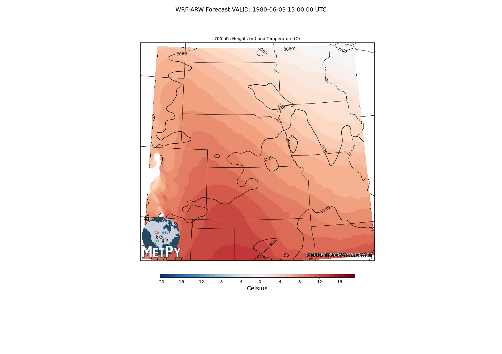 WRF-ARW Forecast VALID: 1980-06-03 13:00:00 UTC, 700 hPa Heights (m) and Temperature (C)