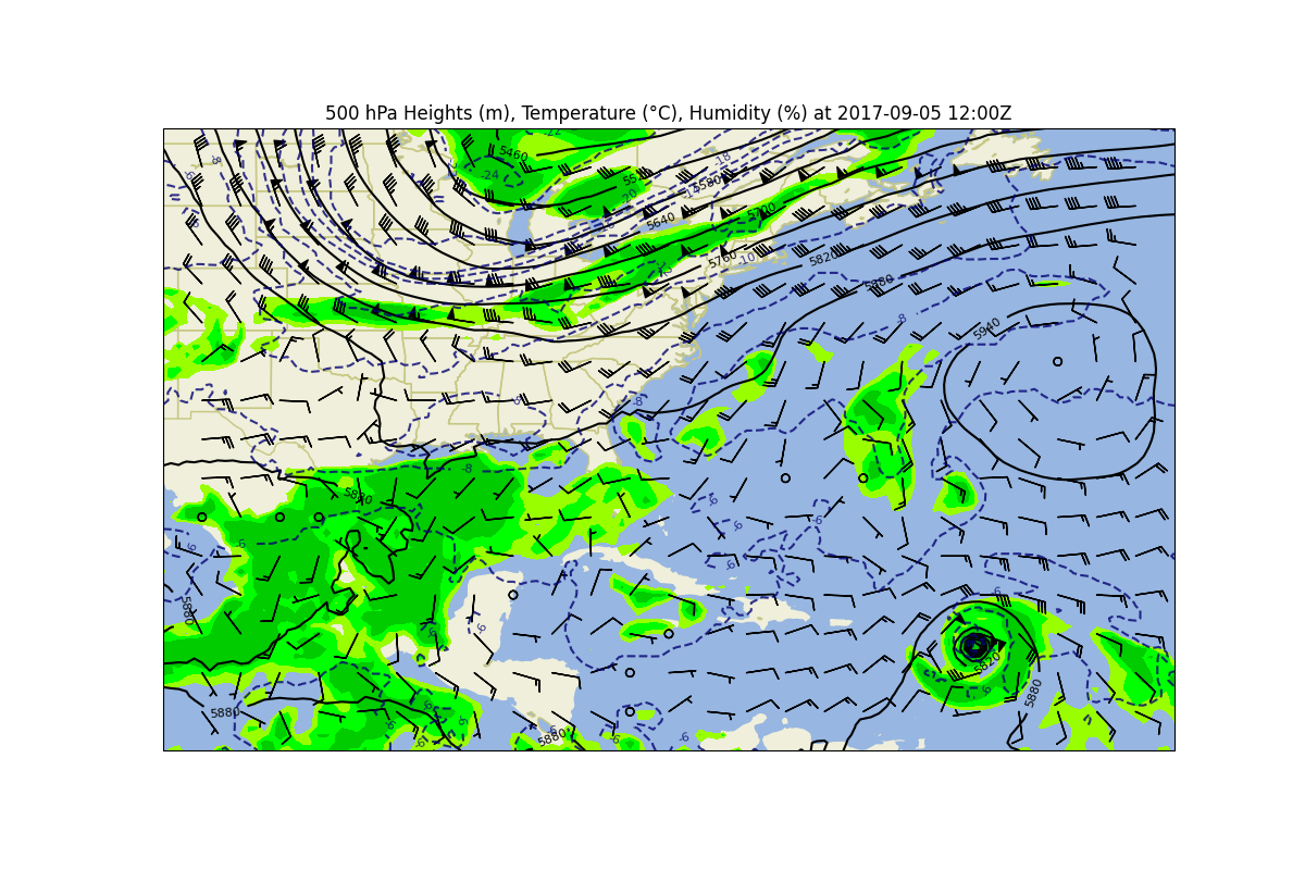 500 hPa Heights (m), Temperature (°C), Humidity (%) at 2017-09-05 12:00Z