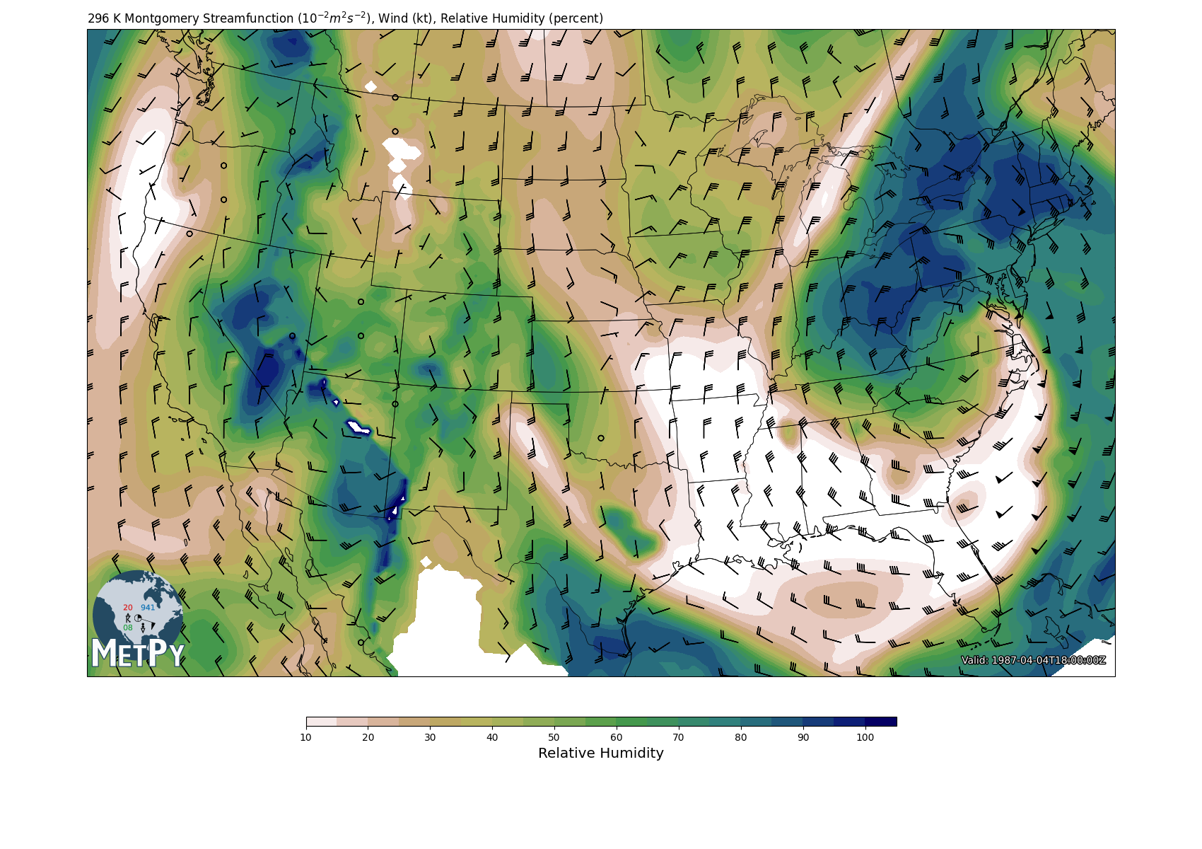 296 K Montgomery Streamfunction ($10^{-2} m^2 s^{-2}$), Wind (kt), Relative Humidity (percent)
