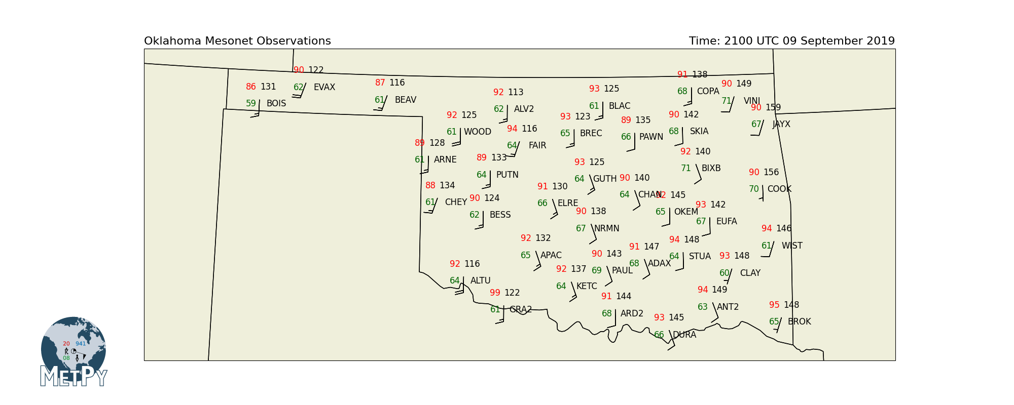 Oklahoma Mesonet Observations, Time: 2100 UTC 09 September 2019