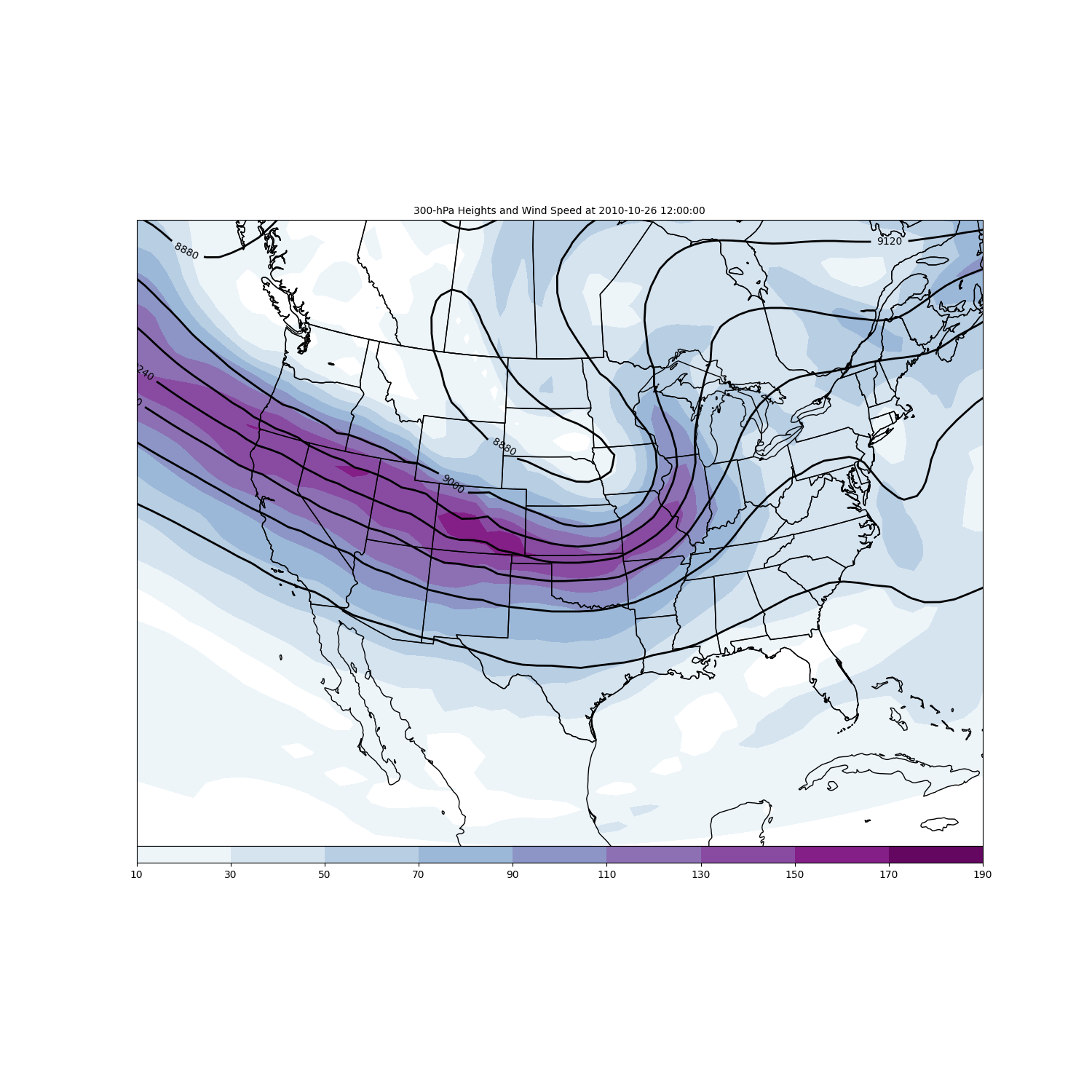 300-hPa Heights and Wind Speed at 2010-10-26 12:00:00