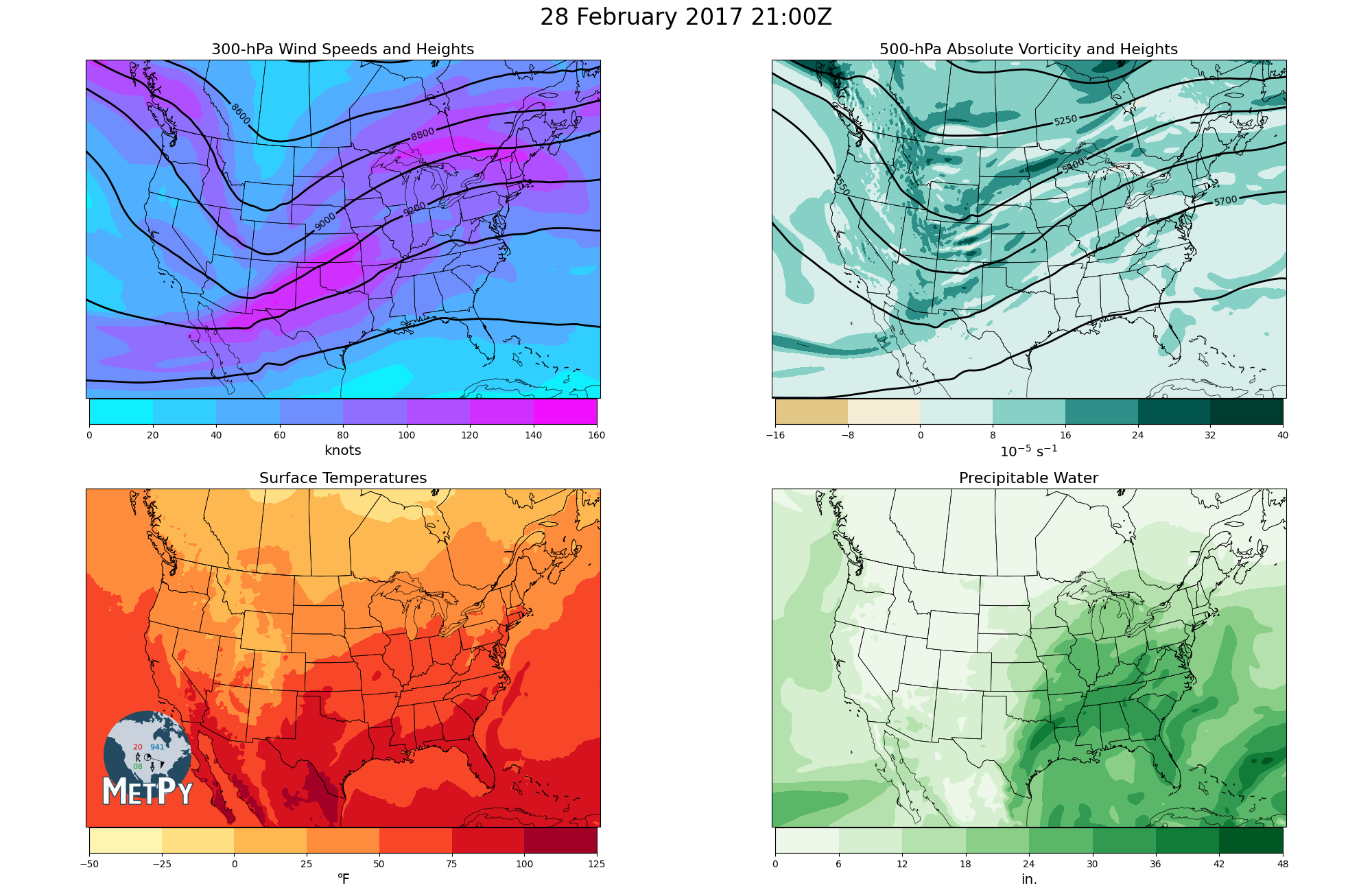 28 February 2017 21:00Z, 300-hPa Wind Speeds and Heights, 500-hPa Absolute Vorticity and Heights, Surface Temperatures, Precipitable Water