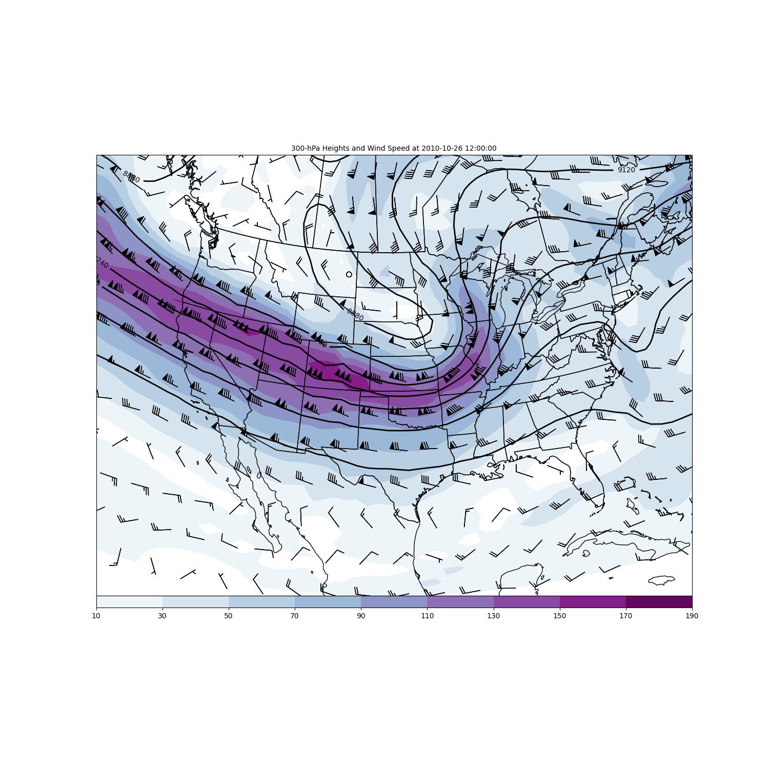 300-hPa Heights and Wind Speed at 2010-10-26 12:00:00