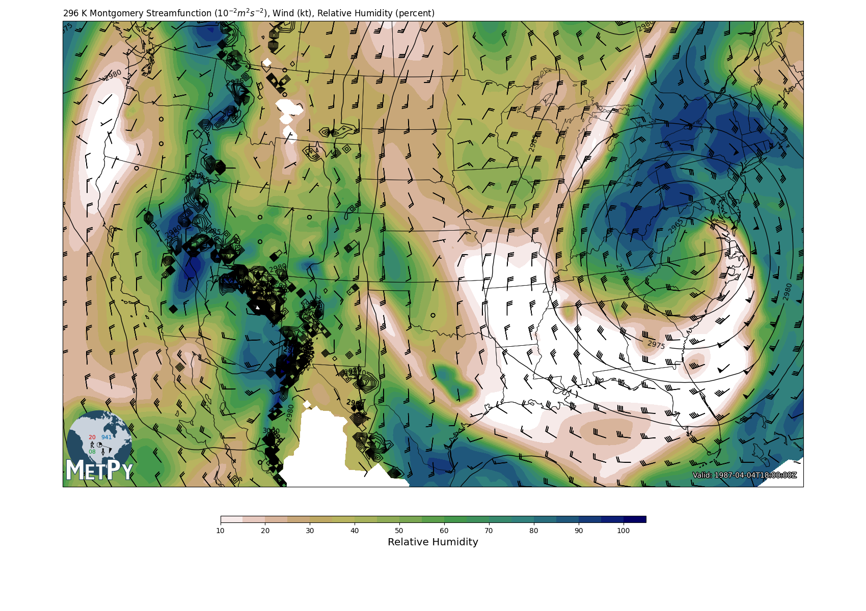 296 K Montgomery Streamfunction ($10^{-2} m^2 s^{-2}$), Wind (kt), Relative Humidity (percent)