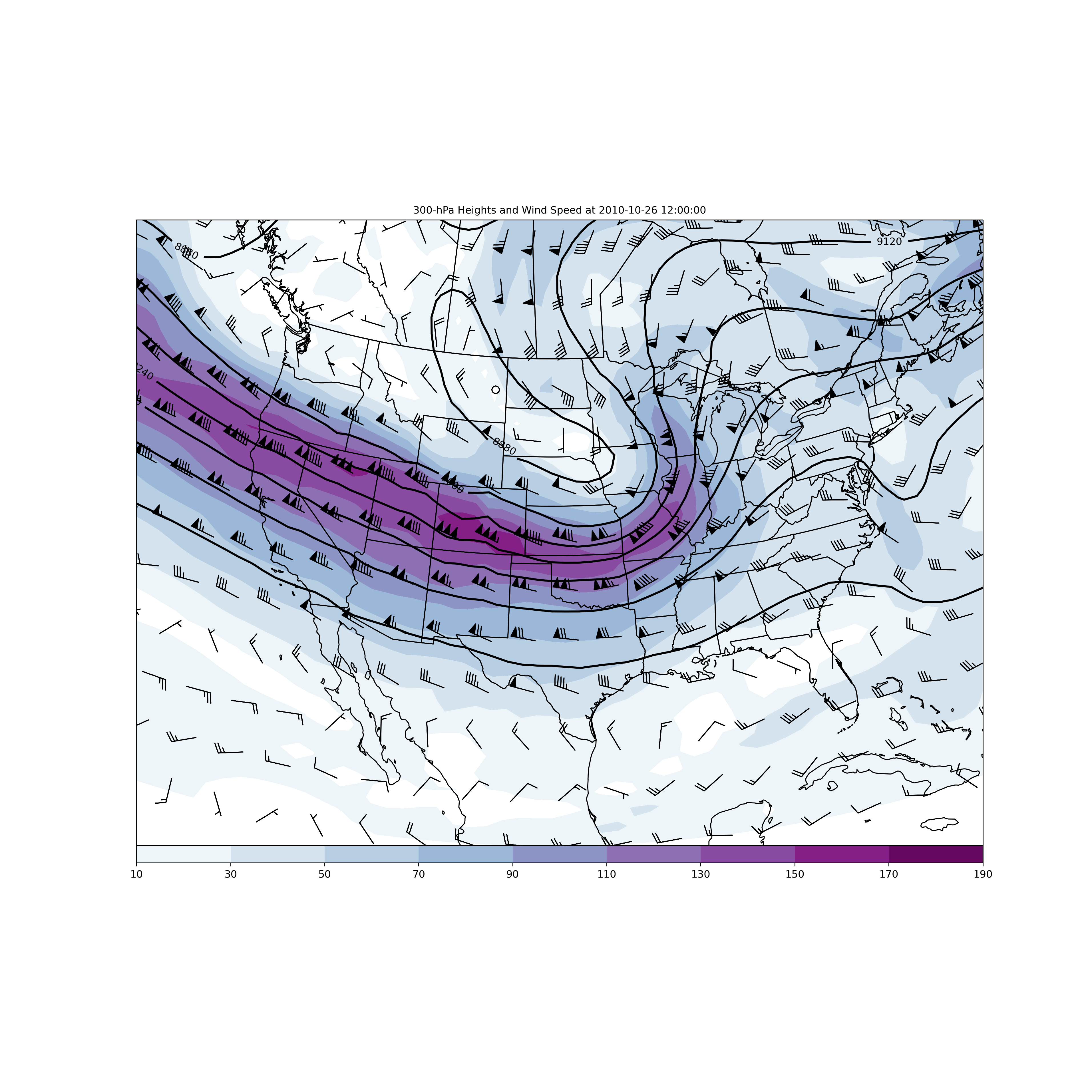 300-hPa Heights and Wind Speed at 2010-10-26 12:00:00