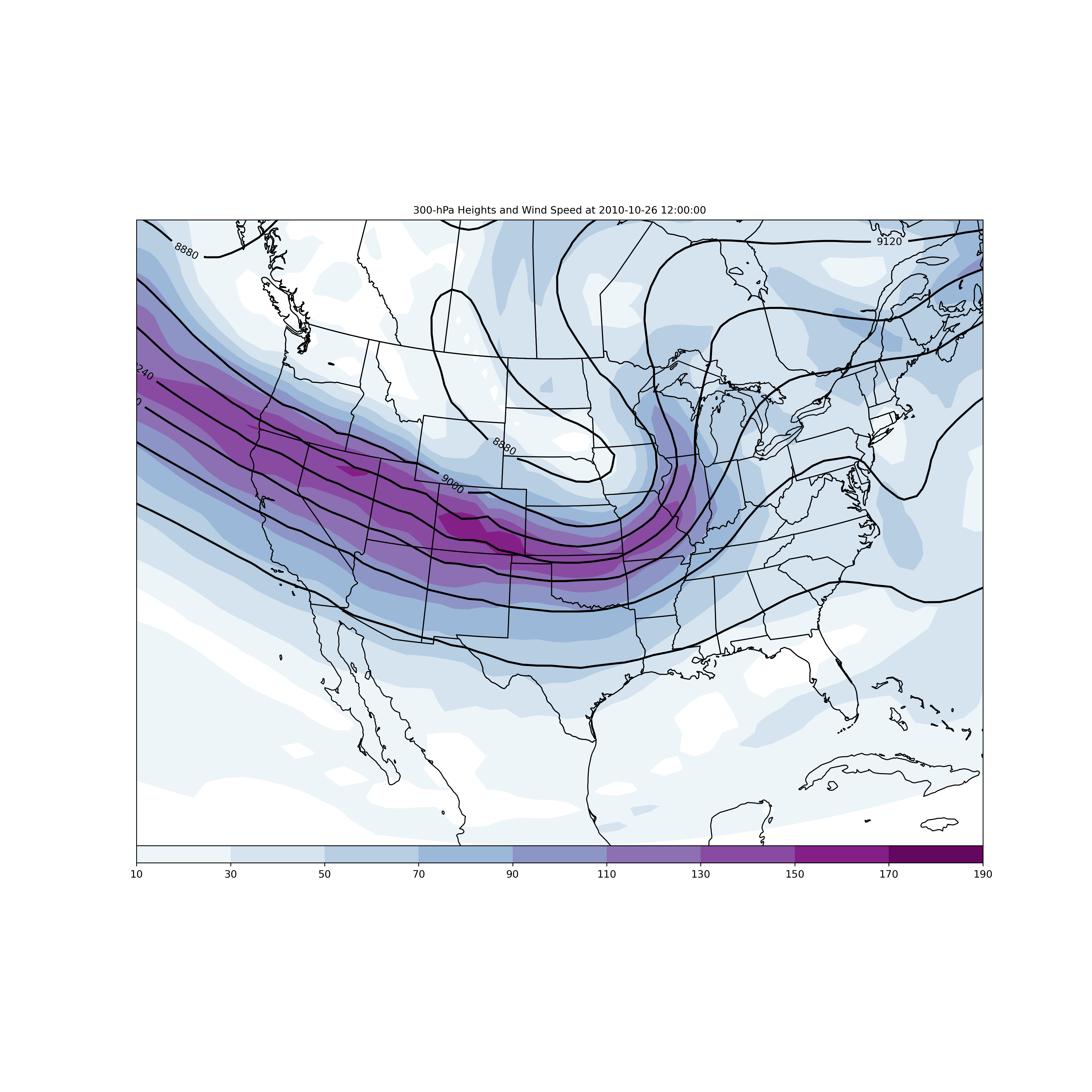 300-hPa Heights and Wind Speed at 2010-10-26 12:00:00