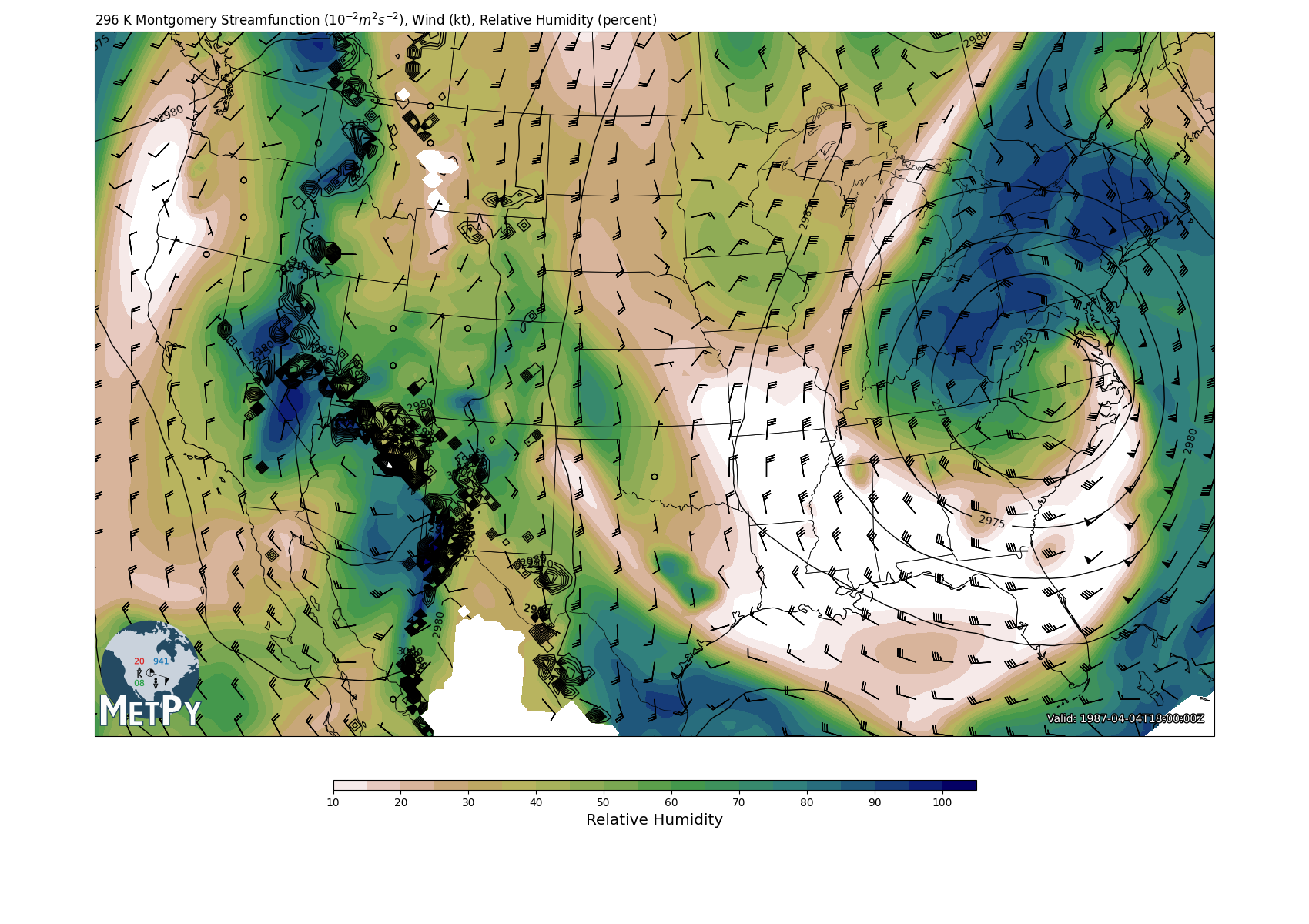 296 K Montgomery Streamfunction ($10^{-2} m^2 s^{-2}$), Wind (kt), Relative Humidity (percent)